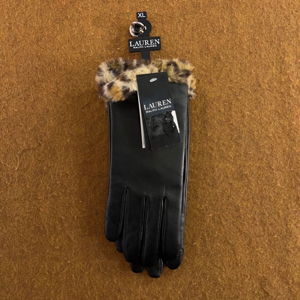 Lauren Ralph Lauren Womens XL Black Faux Fur Trim Leopard Leather Gloves NWT